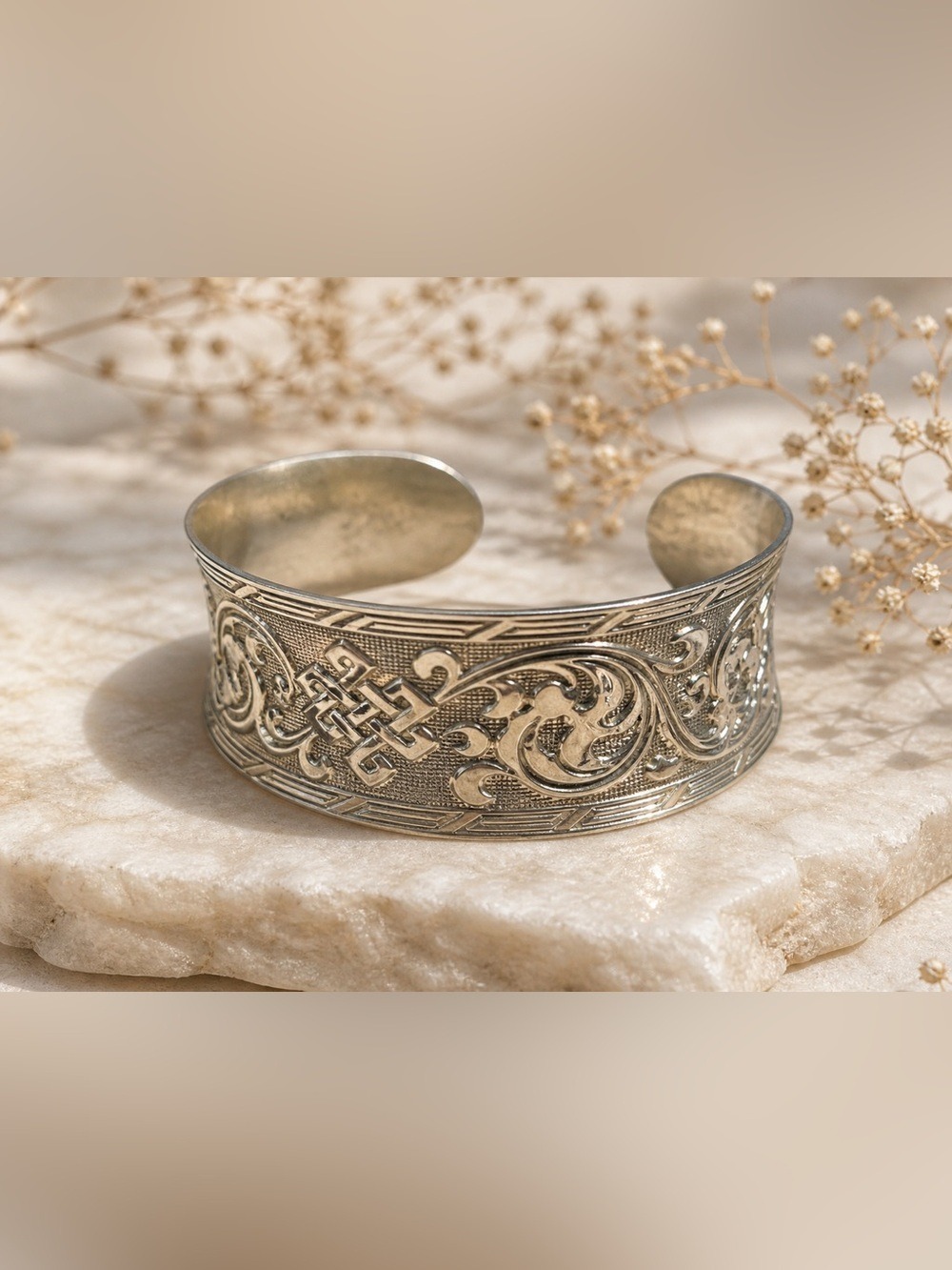 Silver Intricate Engraved Cuff Bracelet – Wide Statement • Adjustable Fits Most